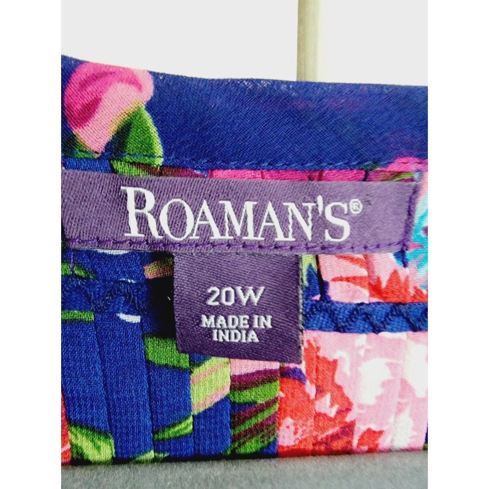 Roamans Womens 20W Blue Floral Pleated V-Neck Roll Tab Sleeve Chiffon Blouse - Picture 5 of 13